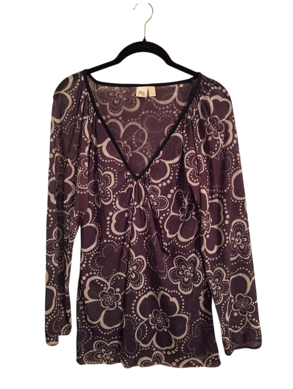 PO-EM Black And White Floral V-Neck Long Sleeve Tee Lightweight Large